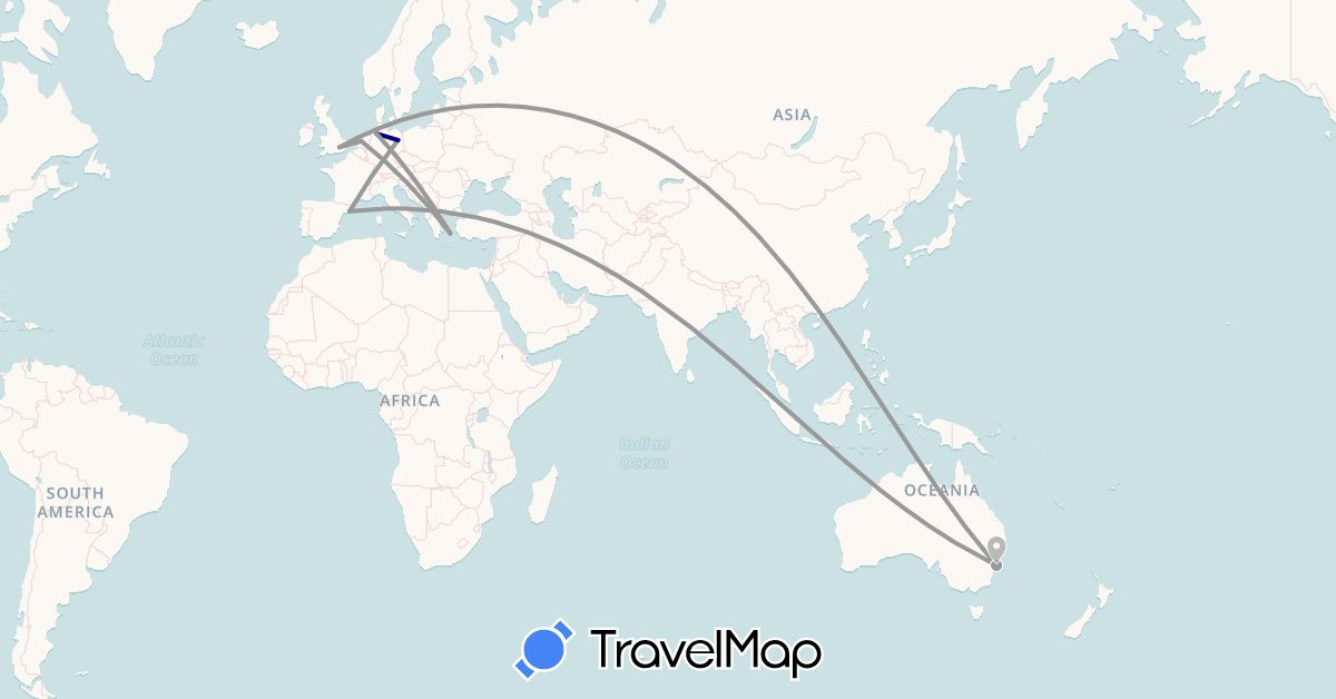 TravelMap itinerary: driving, plane in Australia, Germany, Spain, United Kingdom, Greece, Netherlands (Europe, Oceania)